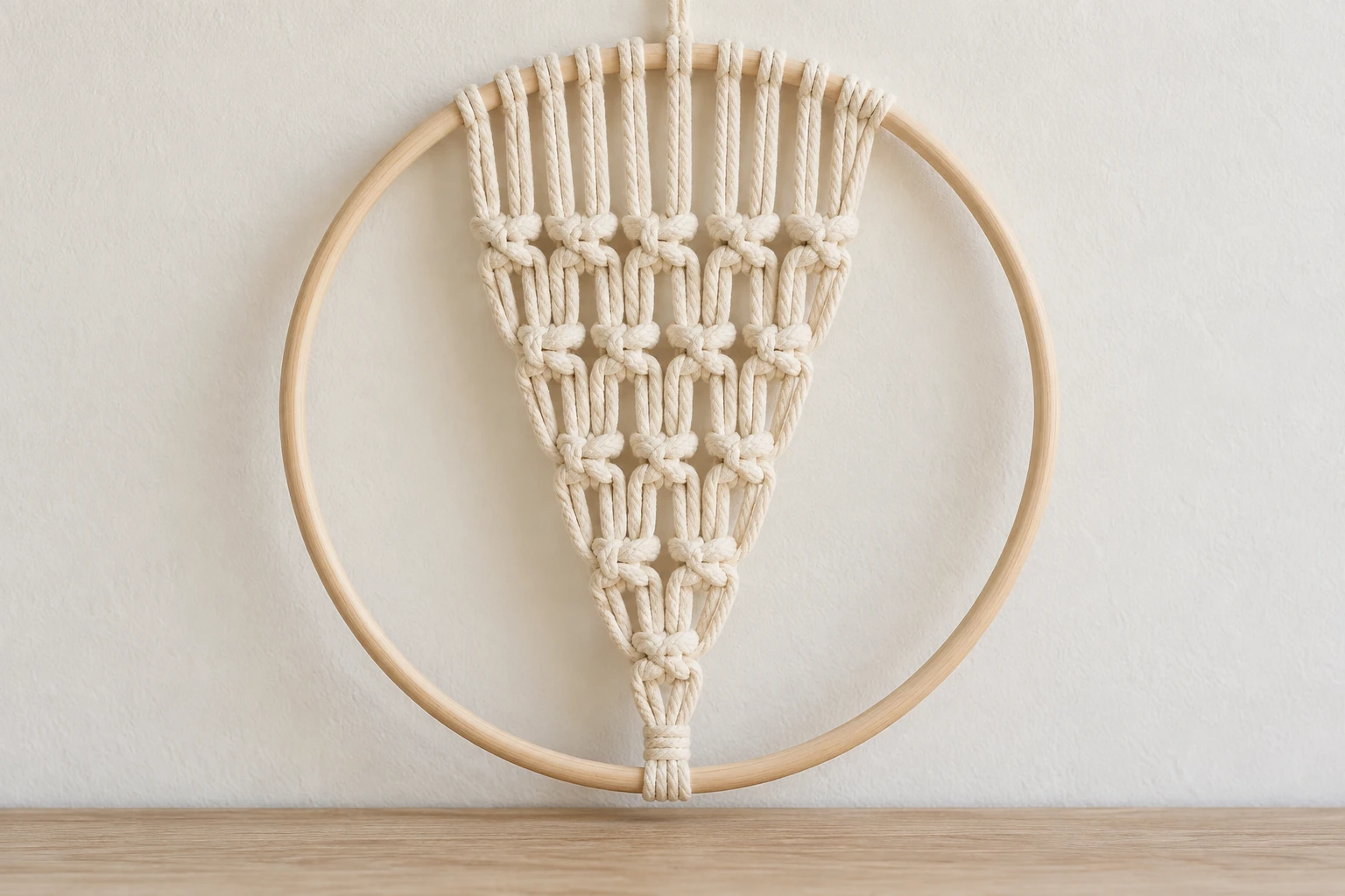 Attrape-rêve en macramé avec panneau triangulaire de nœuds centré dans un cercle en bois
